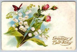 Greetings & Best Wishes, Roses, Lily Of The Valley, Antique 1909 Postcard