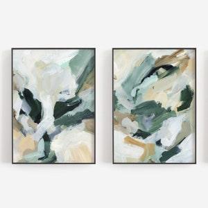 Abstract Painting Green and Beige Modern Contemporary Diptych Artwork | "Contemporary Greens" - Set of 2 - Art Prints or Canvases