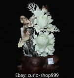 Chinese 100% Natural Xiu Jade Pure Hand Carving Magpie Bird Peony Flower Statue