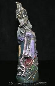 7.8'' Old White Jade Gilt Painting Beauty Beautiful People Peony Flower Statue