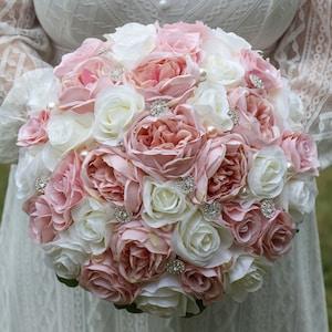 Blush Pink Ivory Wedding Bouquet, Round Crystal Pearl Bouquet for Bride, Faux Bridal Bouquet Bridesmaids Bouquets, Rose Peony Bouquet