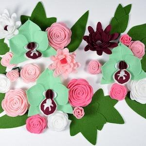 Green Orchids, 21 flowers, DIY Felt Flowers, Handmade Felt Flowers, Felt kit, Set for creativity, Roll Your Own