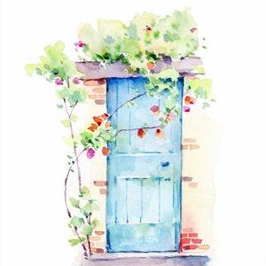 A fresh, bright look of an old blue door that loves plants in watercolor Gicl¡§?e print