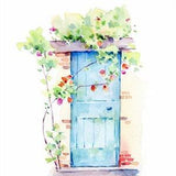 A fresh, bright look of an old blue door that loves plants in watercolor Gicl¡§?e print