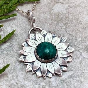 Sunflower Pendant, Sterling Silver Necklace, Chrysocolla Stone, Handmade Jewellery, Veritas Silver Designs, Spring Gift, Mother's Day
