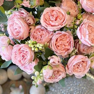 Peachy Pink Cabbage Roses spray, salmon pink faux flower bouquet, silk roses, artificial stems, DIY romantic floral arrangement, home decor