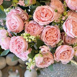 Peachy Pink Cabbage Roses spray, salmon pink faux flower bouquet, silk roses, artificial stems, DIY romantic floral arrangement, home decor