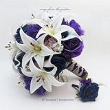 Wedding Bouquet - Navy Purple Roses Plum Picasso Callas White Tiger Lilies - Bridal Bridesmaid Bouquet Groom Groomsmen Boutonniere & More!