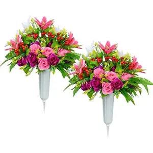 Artificial Cemetery Flowers with Vase, Set of 2 Artificial Rose Lily Bouquet
