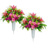 Artificial Cemetery Flowers with Vase, Set of 2 Artificial Rose Lily Bouquet