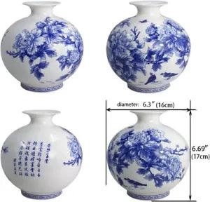6.6" 1pc Blue and White Vase Handmade Bone China Flower Vase Birds in Peony Bush