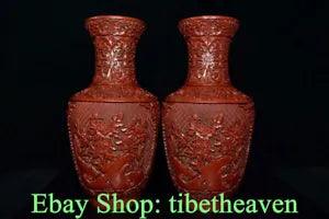 14.8" Marked Old China Red Lacquer Ware Palace Peony Flower Bottle Vase Pair