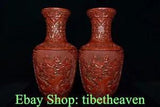 14.8" Marked Old China Red Lacquer Ware Palace Peony Flower Bottle Vase Pair