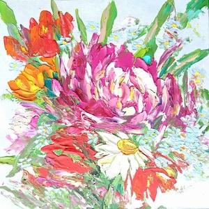 Peony painting original Small painting floral impasto Neural colours impasto painting oil by Alexandra Portenko