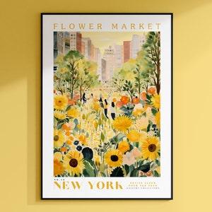 Flower Market Print New York City Floral Art Large Modern Poster New York Travel Poster Floral Illustration Flower Wall Art Yellow Sunflower