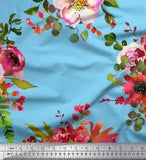 Soimoi Blue Velvet Fabric Leaves & Peony Floral Print Fabric by-klh