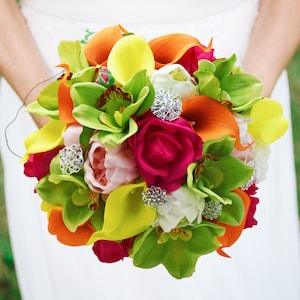 Tropical Wedding Bouquet - Orchids Calla Lilies Roses Peonies Bridal Bouquet or Bridesmaid Bouquet - add a Groom's or Groomsmen Boutonniere