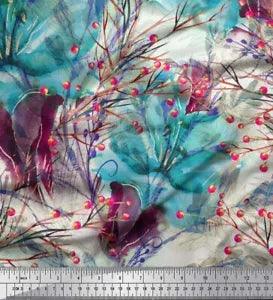 Soimoi Green Cotton Poplin Fabric Berries & Lily Flower Fabric Prints-tsx