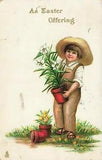 1910's Easter Postcard Tuck's Boy in Garden Holding Pot of Easter Lilies E022