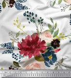 Soimoi White Velvet Fabric Leaves & Peony Floral Fabric Prints By-BRw