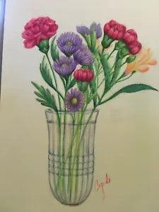 COLORED PENCIL drawing  original aster and carnation  flowers in vase