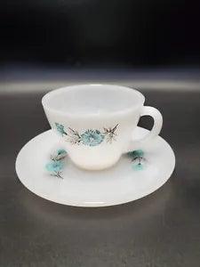Vtg 1950 Fire King White Milk Glass Bonnie Blue Carnation Cup and Saucer Mint