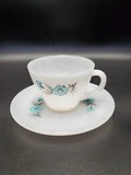 Vtg 1950 Fire King White Milk Glass Bonnie Blue Carnation Cup and Saucer Mint