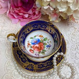 Rare MINT Condition Cobalt Blue double warrant Paragon teacup and saucer with cabbage rose bouquet and ornate gold filigree, gift, collector