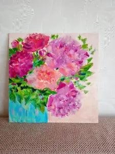 bright peonies oil painting, bouquet peonies in vase, pink peonies oil painting
