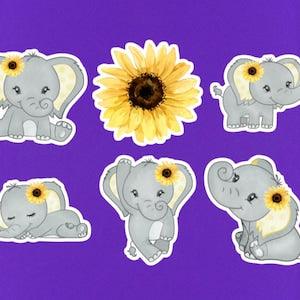 Set Of 6 Elephant Stickers / 2" Die Cut Stickers / Elephant Sticker Pack / Sunflower Stickers / Elephant Decor / Elephant Gifts For Kids