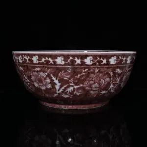 15.9" China Old Antique ming dynasty Porcelain Underglaze red flower peony Bowl