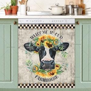 Kitchen Dishwasher Magnet Cover - Pretty Cow Head with Sunflowers #fm237