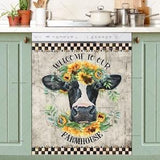 Kitchen Dishwasher Magnet Cover - Pretty Cow Head with Sunflowers #fm237