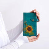 Leather Painted Wallet, sunflower design wallet , Handmade small Purse, Women Long Card Holder, Hand painted Billfold, Handsewn Wallet