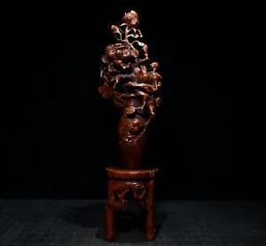 11.4" Collection Chinese Box-wood Carving Peony Flower Leaf Branch Sculpture