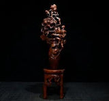 11.4" Collection Chinese Box-wood Carving Peony Flower Leaf Branch Sculpture