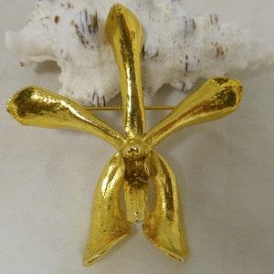 Vintage Gold 24 Karat Orchid Large Flower Pin Brooch ??C Real Gold Plated Orchid Flower by RISIS Singapore ??C 2.25 in H - Gold Jewellery 1980s