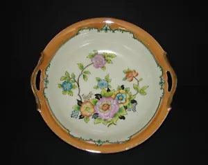 Noritake Hand Painted Porcelain Handled Bowl Luster Band Peony Flowers 10" 1920s