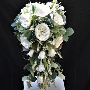 Cascade Bouquet White & Sage, Eucalyptus, Dusty Miller - Large New