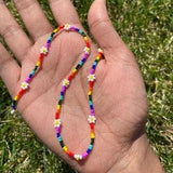 Pride Rainbow Beaded Flower Necklace, Minimalist Blue Flower Daisy Seed Beaded Choker Necklace, Cute Seed Bead Floral Daisy Choker Bracelet
