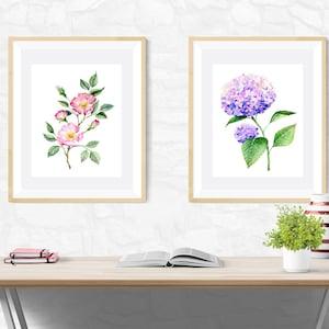 Botanical Flower Art Prints Pair, hydrangea orchid rose tulip sunflower peony, wall art, office print, Watercolour painting, art poster