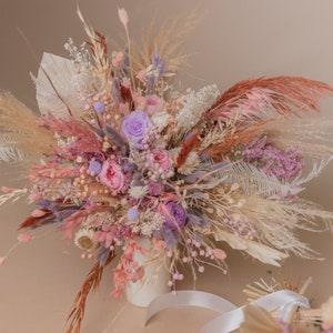 Pink & lilac eternal roses wildflower bouquet with burnt orange pampas / boho bridal bouquet / colorful bouquet