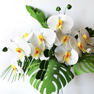White Orchids, Phalaenopsis, DIY Felt Flowers, Greens, Handmade Felt Flowers, Felt kit, Set for creativity, Roll Your Own or Ready Bouquet