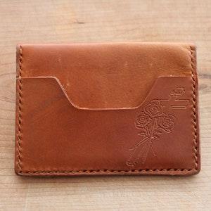 Deluxe St. Therese Crucifix Bouquet Leather Envelope Wallet: Rich Traditional Brown + Engraved