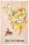 A Bee by Lovely Lily of the Valley & Rural Home Scene-Old PC-A Line In Greeting