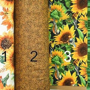 Sunflowers 100% cotton Gold Yellow Sunflowers Birds Pumpkins Fall Autumn Leaves Red Berries Chickadees Goldfinches