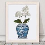 Chinoiserie pot print, Blue and white, White orchid plant, Floral wall decor, Tropical plant art, Gallery wall art, Oriental art print
