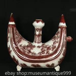 18.8" Marked Chinese Underglaze red Porcelain Peony Flower ship Kettle Statue