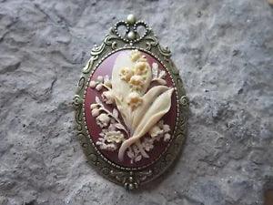2 IN 1 - LILY OF THE VALLEY CAMEO BRONZE BROOCH / PIN / PENDANT - FLOWER - BURG