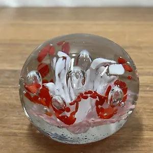 Vintage Art Glass Paperweight Controlled Bubbles Flower Red White Carnation
